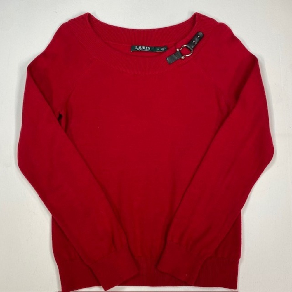Lauren Ralph Lauren Red Cotton Scoop Neck Buckle Accent Sweater Womens Medium